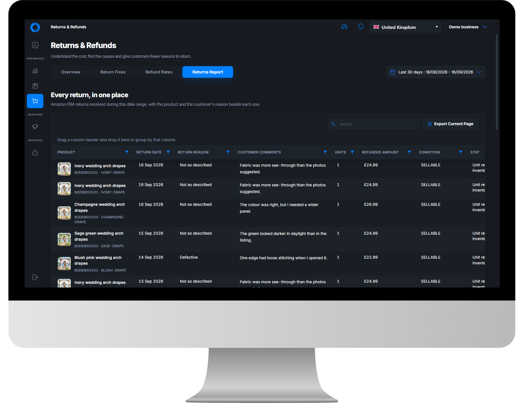 Osellpa combined returns report with product names, customer reasons, comments and refunded amounts on a desktop monitor